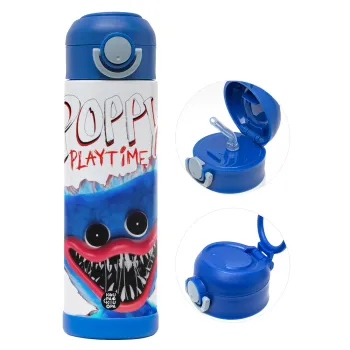 Poppy Playtime Huggy wuggy, Παιδικό παγούρι θερμό, ανοξείδωτο, με καλαμάκι ασφαλείας, ΜΠΛΕ (500ml)