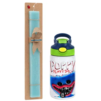 Poppy Playtime Huggy wuggy, Easter Set, Children's thermal stainless steel bottle with safety straw, green/blue (350ml) & aromatic flat Easter candle (30cm) (TURQUOISE)