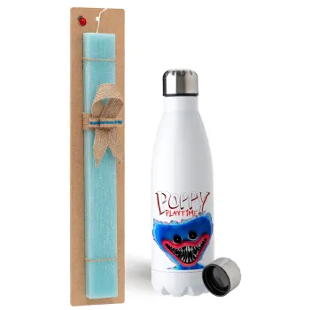 Poppy Playtime Huggy wuggy, Easter Set, metallic stainless steel water bottle (750ml) & aromatic flat Easter candle (30cm) (TURQUOISE)