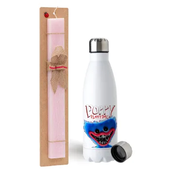 Poppy Playtime Huggy wuggy, Easter Set, metallic stainless steel water bottle (750ml) & scented flat Easter candle (30cm) (PINK)