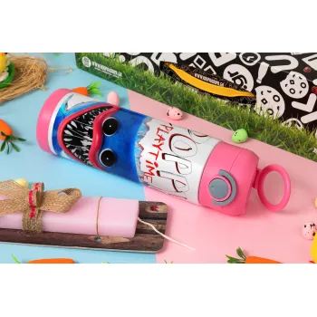 Poppy Playtime Huggy wuggy, Πασχαλινή Λαμπάδα με Παιδικό παγούρι θερμό, ανοξείδωτο, με καλαμάκι ασφαλείας, ΡΟΖ (500ml)