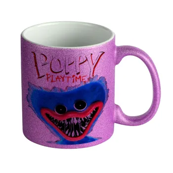 Poppy Playtime Huggy wuggy, Κούπα Μωβ Glitter που γυαλίζει, κεραμική, 330ml