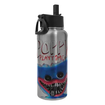 Poppy Playtime Huggy wuggy, Metal mug thermo Silver with Straw and Spout Lid (Stainless steel), double wall, 950ml