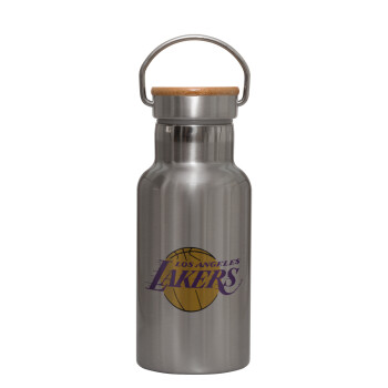 Lakers, Μεταλλικό παγούρι θερμός (Stainless steel) Ασημένιο με ξύλινο καπακι (bamboo), διπλού τοιχώματος, 350ml
