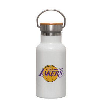 Lakers, Μεταλλικό παγούρι θερμός (Stainless steel) Λευκό με ξύλινο καπακι (bamboo), διπλού τοιχώματος, 350ml