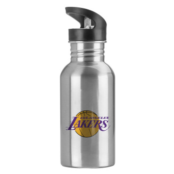 Lakers, Water bottle Silver with straw, stainless steel 600ml