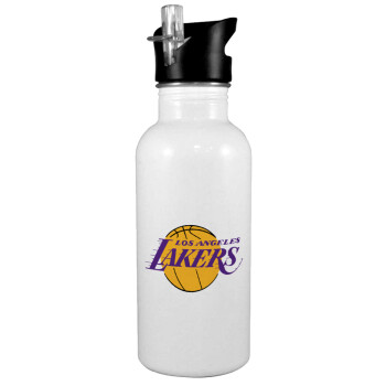 Lakers, White water bottle with straw, stainless steel 600ml