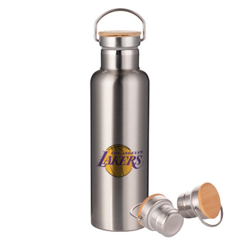 Lakers, Μεταλλικό παγούρι θερμός (Stainless steel) Ασημένιο με ξύλινο καπακι (bamboo), διπλού τοιχώματος, 750ml