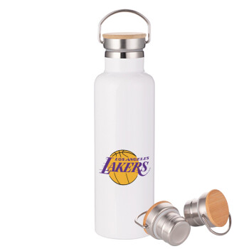 Lakers, Μεταλλικό παγούρι θερμός (Stainless steel) Λευκό με ξύλινο καπακι (bamboo), διπλού τοιχώματος, 750ml