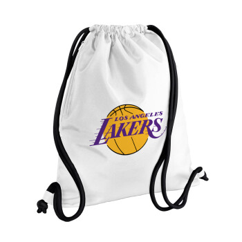 Lakers, Τσάντα πλάτης πουγκί GYMBAG λευκή, με τσέπη (40x48cm) & χονδρά κορδόνια