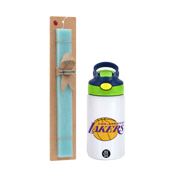 Lakers, Πασχαλινό Σετ, Παιδικό παγούρι θερμό, ανοξείδωτο, με καλαμάκι ασφαλείας, πράσινο/μπλε (350ml) & πασχαλινή λαμπάδα αρωματική πλακέ (30cm) (ΤΙΡΚΟΥΑΖ)