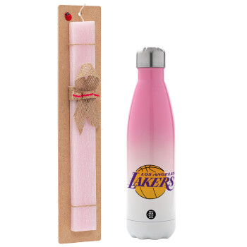 Lakers, Πασχαλινό Σετ, Μεταλλικό παγούρι θερμός Ροζ/Λευκό (Stainless steel), διπλού τοιχώματος, 500ml & πασχαλινή λαμπάδα αρωματική πλακέ (30cm) (ΡΟΖ)