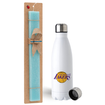 Lakers, Easter Set, metallic stainless steel water bottle (750ml) & aromatic flat Easter candle (30cm) (TURQUOISE)