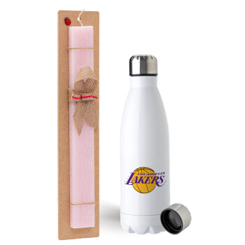 Lakers, Easter Set, metallic stainless steel water bottle (750ml) & scented flat Easter candle (30cm) (PINK)