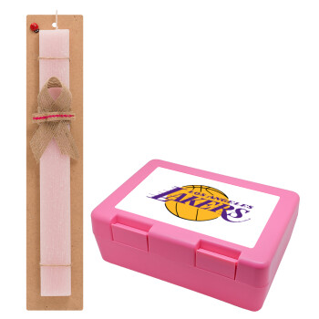 Lakers, Πασχαλινό Σετ, παιδικό δοχείο κολατσιού ΡΟΖ & πασχαλινή λαμπάδα αρωματική πλακέ (30cm) (ΡΟΖ)