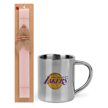 Lakers, Πασχαλινό Σετ, μεταλλική κούπα θερμό (300ml) & πασχαλινή λαμπάδα αρωματική πλακέ (30cm) (ΡΟΖ)