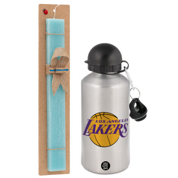 Lakers, Πασχαλινό Σετ, παγούρι μεταλλικό Ασημένιο αλουμινίου (500ml) & πασχαλινή λαμπάδα αρωματική πλακέ (30cm) (ΤΙΡΚΟΥΑΖ)