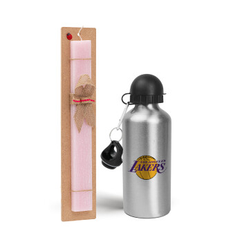 Lakers, Easter Set, metallic Silver aluminum water bottle (500ml) & scented flat Easter candle (30cm) (PINK)