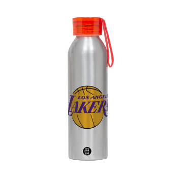 Lakers, Αλουμινένιο Αθλητικό Μπουκάλι 650ml – Ασημί με Κόκκινο Καπάκι και Λουράκι Σιλικόνης