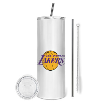 Lakers, Tumbler ποτήρι θερμό από ανοξείδωτο ατσάλι 600ml, με μεταλλικό καλαμάκι & βούρτσα καθαρισμού
