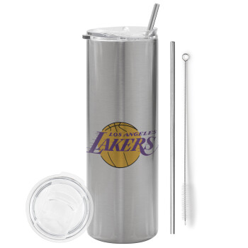Lakers, Eco friendly ποτήρι θερμό Ασημένιο (tumbler) από ανοξείδωτο ατσάλι 600ml, με μεταλλικό καλαμάκι & βούρτσα καθαρισμού