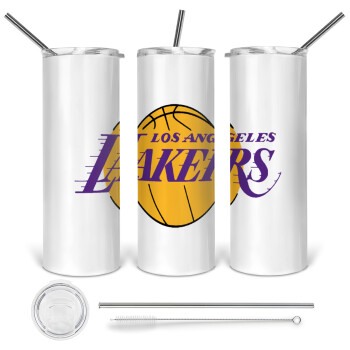 Lakers, 360 Eco friendly ποτήρι θερμό (tumbler) από ανοξείδωτο ατσάλι 600ml, με μεταλλικό καλαμάκι & βούρτσα καθαρισμού