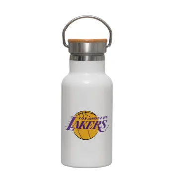 Lakers, Μεταλλικό παγούρι θερμός (Stainless steel) Λευκό με ξύλινο καπακι (bamboo), διπλού τοιχώματος, 350ml