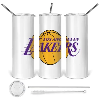 Lakers, Tumbler ποτήρι θερμό από ανοξείδωτο ατσάλι 600ml, με μεταλλικό καλαμάκι & βούρτσα καθαρισμού