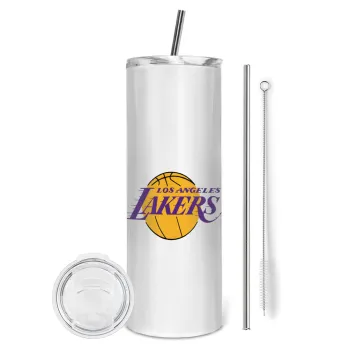 Lakers, Tumbler ποτήρι θερμό από ανοξείδωτο ατσάλι 600ml, με μεταλλικό καλαμάκι & βούρτσα καθαρισμού