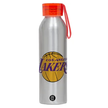 Lakers, Αλουμινένιο Αθλητικό Μπουκάλι 650ml – Ασημί με Κόκκινο Καπάκι και Λουράκι Σιλικόνης