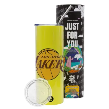 Lakers, Neon Yellow Travel Tumbler θερμό, μεταλλικό καλαμάκι(Ανωξείδωτο 304 Food grade, BPA free, 600ml)