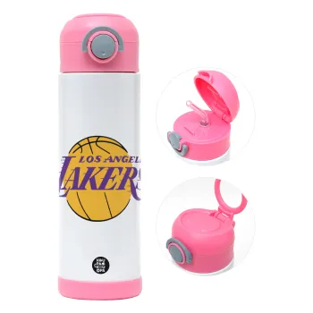 Lakers, Παιδικό παγούρι θερμό, ανοξείδωτο, με καλαμάκι ασφαλείας, ΡΟΖ (500ml)