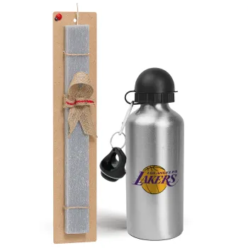 Lakers, Easter Set, metallic silver aluminum water bottle (500ml) & aromatic flat Easter candle (30cm) (GRAY)