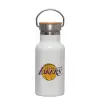 Metallic thermos (Stainless steel) White with wooden lid (bamboo), double-walled, 350ml