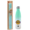 Easter Set, Metallic green/white thermos (Stainless steel), double-walled, 500ml & scented flat Easter candle (30cm) (TURQUOISE)