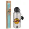 Easter Set, metallic silver aluminum water bottle (500ml) & scented flat Easter candle (30cm) (TURQUOISE)