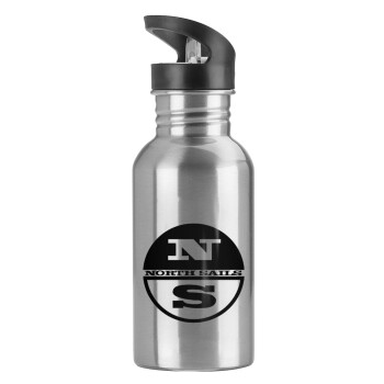 North Sails, Water bottle Silver with straw, stainless steel 600ml