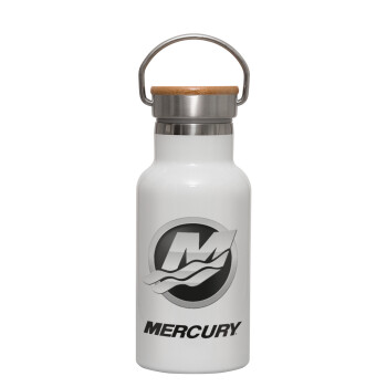 Mercury, Μεταλλικό παγούρι θερμός (Stainless steel) Λευκό με ξύλινο καπακι (bamboo), διπλού τοιχώματος, 350ml