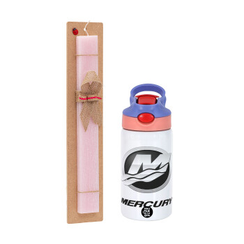 Mercury, Easter Set, Children's thermal stainless steel water bottle with safety straw, pink/purple (350ml) & Easter scented flat candle (30cm) (PINK)