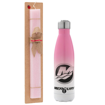 Mercury, Easter Set, Metallic pink/white (Stainless steel) thermos, double-walled, 500ml & aromatic flat Easter candle (30cm) (PINK)