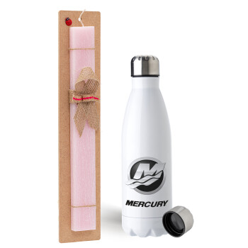 Mercury, Easter Set, metallic stainless steel water bottle (750ml) & scented flat Easter candle (30cm) (PINK)