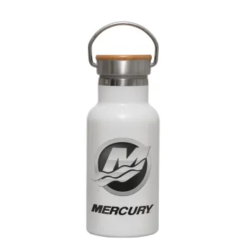 Mercury, Metallic thermos (Stainless steel) White with wooden lid (bamboo), double-walled, 350ml