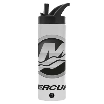 Mercury, Metallic thermos bottle with straw & handle, stainless steel (Stainless steel 304), double-walled, 600ml.