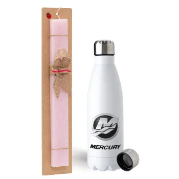 Mercury, Easter Set, metallic stainless steel water bottle (750ml) & scented flat Easter candle (30cm) (PINK)