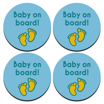 Baby on Board πατουσα Αγόρι, ΣΕΤ 4 Σουβέρ ξύλινα στρογγυλά (9cm)