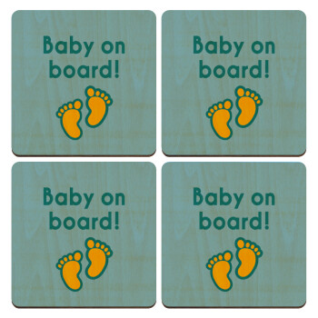 Baby on Board πατουσα Αγόρι, ΣΕΤ x4 Σουβέρ ξύλινα τετράγωνα plywood (9cm)
