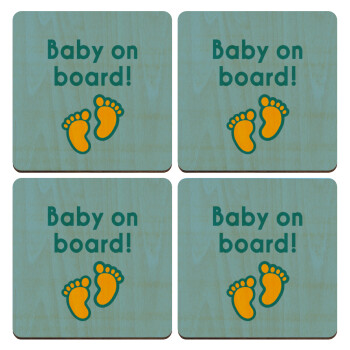 Baby on Board πατουσα Αγόρι, ΣΕΤ x4 Σουβέρ ξύλινα τετράγωνα plywood (9cm)