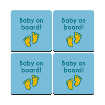 Baby on Board πατουσα Αγόρι, ΣΕΤ 4 Σουβέρ ξύλινα τετράγωνα (9cm)
