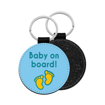 Baby on Board πατουσα Αγόρι, Μπρελόκ Δερματίνη, στρογγυλό ΜΑΥΡΟ (5cm)