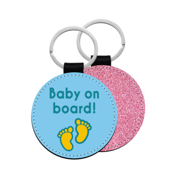 Baby on Board πατουσα Αγόρι, Μπρελόκ Δερματίνη, στρογγυλό ΡΟΖ (5cm)